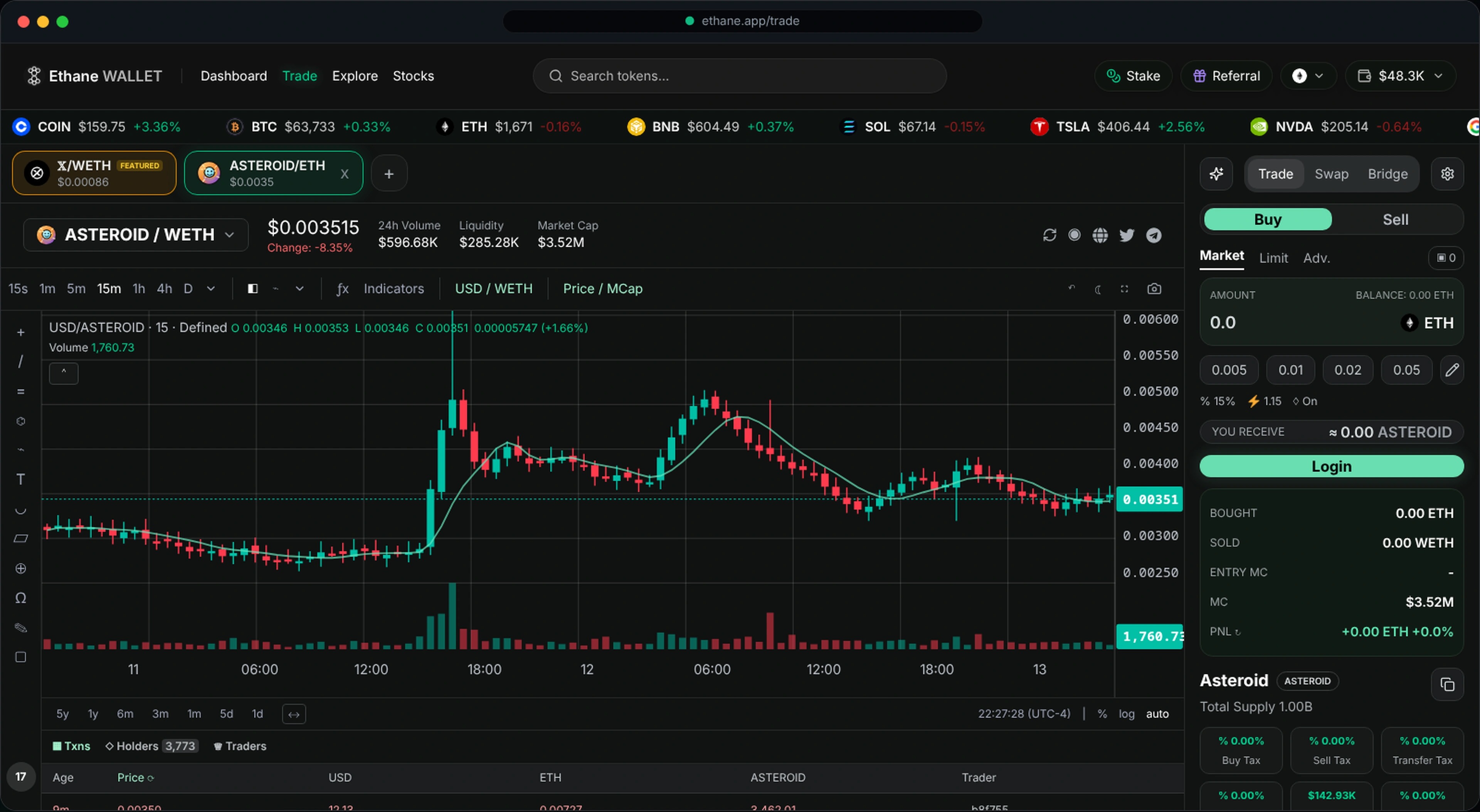 Ethane trade page — live chart and swap panel